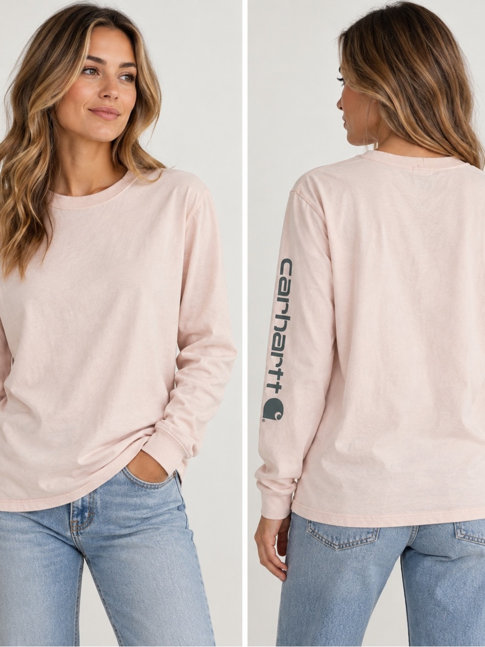 Carhartt Loose Fit Long Sleeve Logo Tee Pink 100% Cotton Size M